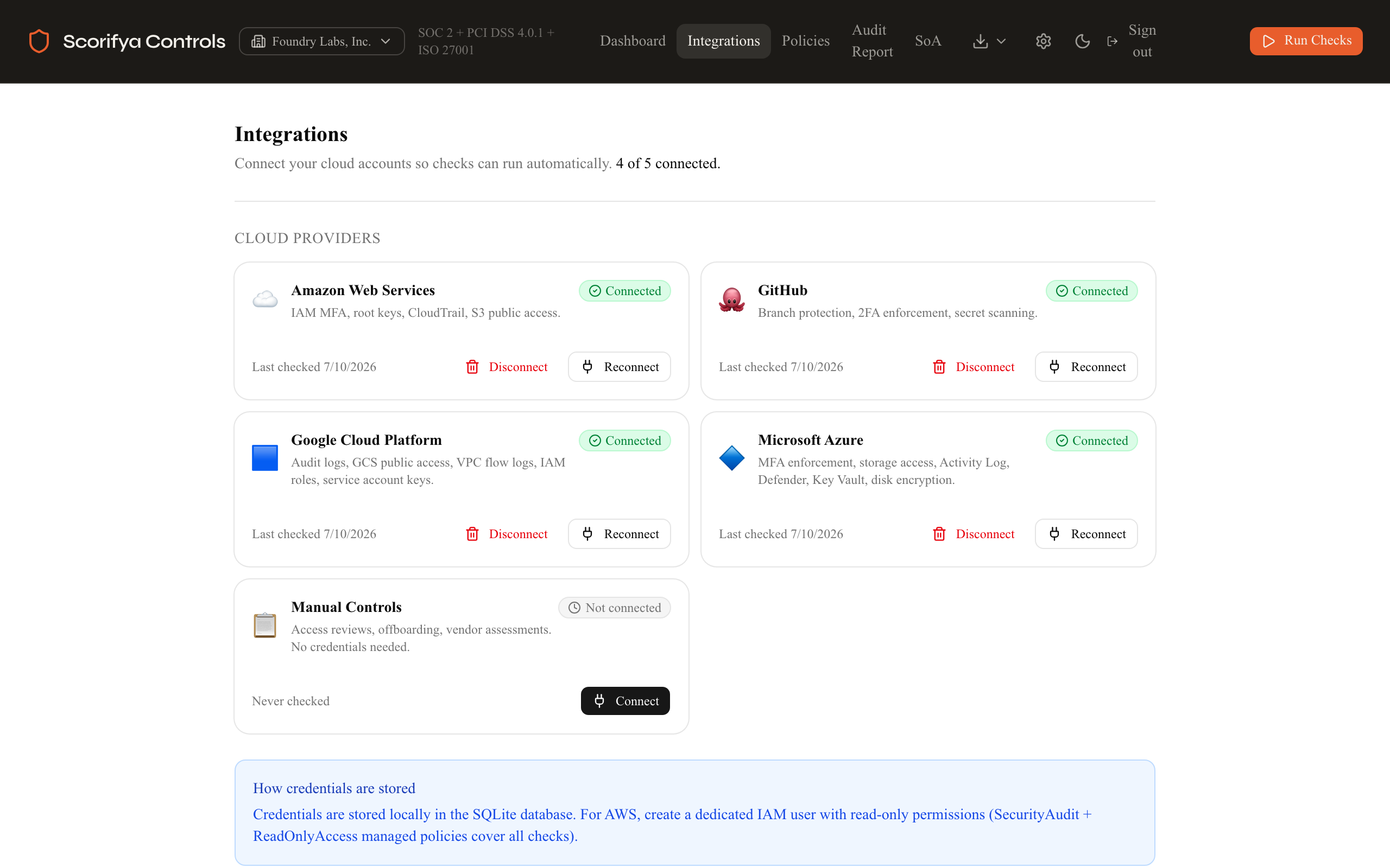 Integrations page showing AWS, GitHub, GCP, Azure, and Manual Controls provider tiles with Connect buttons
